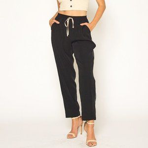 Drawstring Pants with Beige Satin Side Trim